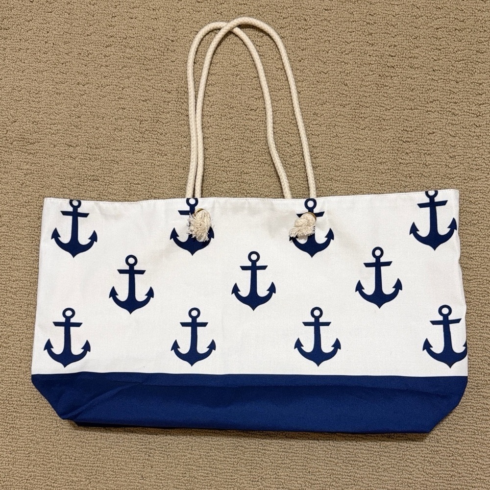 Nautical Anchor Canvas Tote Bag in White & Navy with Rope Handles.